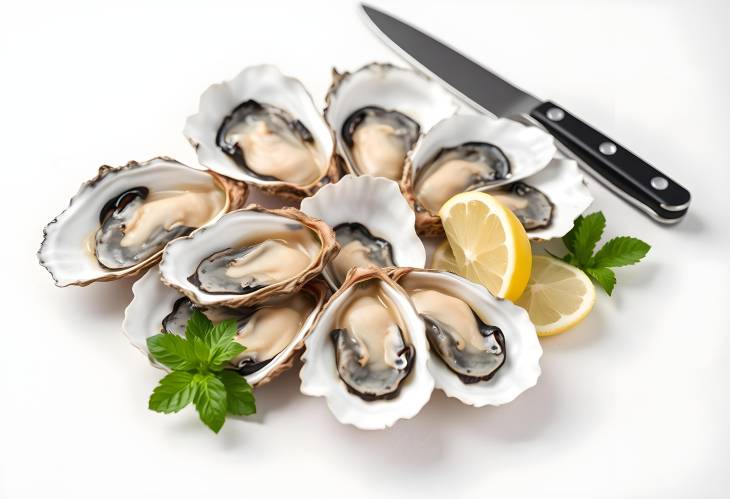 Gourmet Fresh Oysters with Lemon and Knife on Light Background Perfect for Seafood Lovers