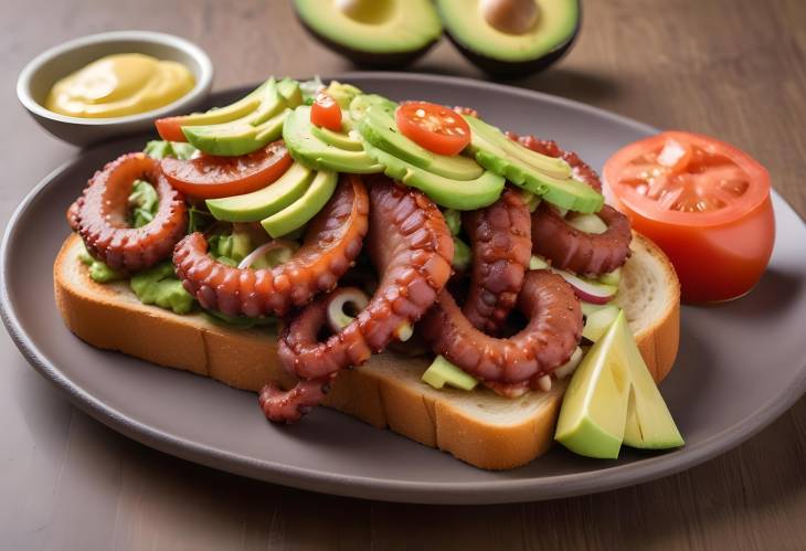 Gourmet Octopus Toast with Avocado, Tomato, Onion, and Lemon Zest