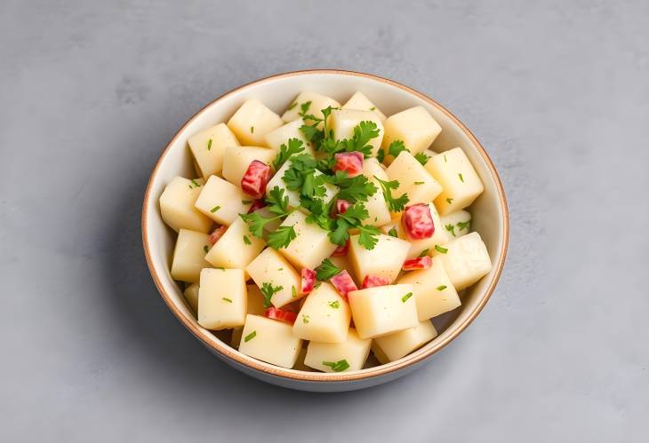 Gourmet Potato Salad with Fresh Greens in a Bowl on Textured Grey Background