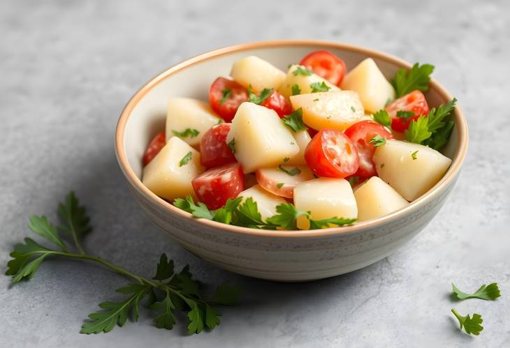 Gourmet Potato Salad with Fresh Greens in a Stylish Bowl on Grey Background