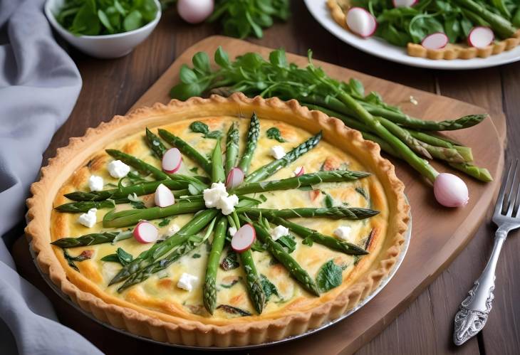 Gourmet Quiche with Asparagus, Chicken, and Feta Cheese Served with Radish Salad