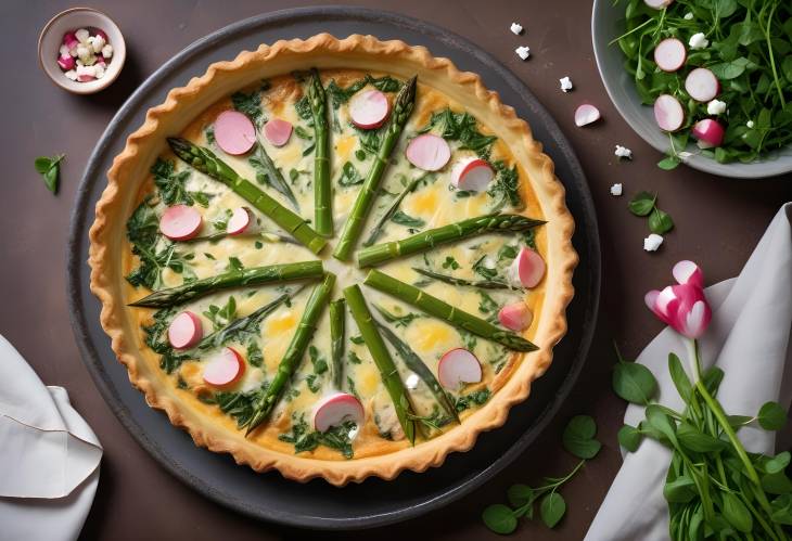 Gourmet Quiche with Asparagus, Chicken, Feta Cheese, and Radish Salad