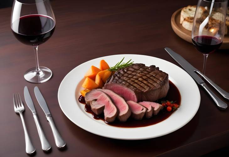 Gourmet Rib Eye Steak with Red Wine Stylish Restaurant Setting with Elegant Garnishes