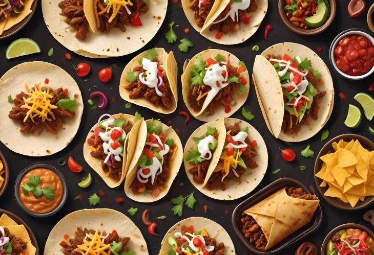 Gourmet Taco Spread A Realistic and Sumptuous Culinary Feast on a Dark Brown Table