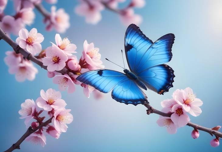 Graceful Blue Butterfly Above Apricot Blossoms at Sunrise with Light Blue and Violet Background