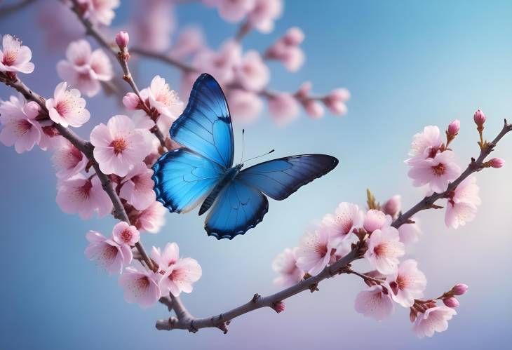 Graceful Blue Butterfly Hovering Over Blooming Apricot Tree Branch at Sunrise on a Blue and Violet