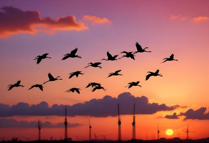 Graceful Cranes in Flight at Sunset Beautiful Silhouettes Against a Fiery Evening Sky