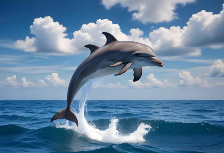 Graceful Dolphin Jumping Over Deep Ocean Scenic View with Clouds and Sea