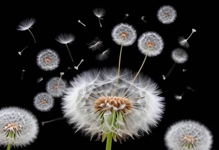 Graceful Flight White Dandelion Seeds on Black Minimalist Background