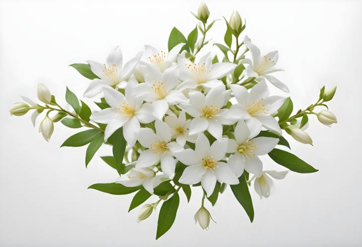 Graceful Jasmine Flowers Floating in Air Against Clean White Backdrop