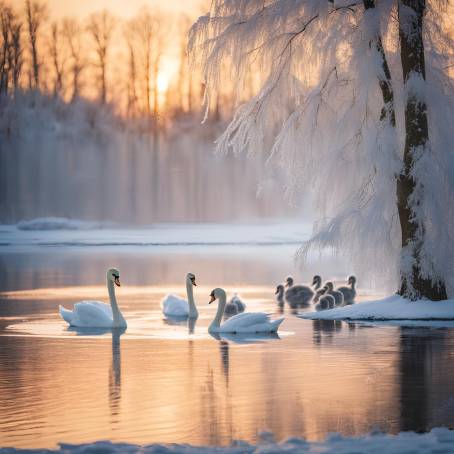 Graceful Swans Family at Sunrise on Winter Lake White Swan and Grey Chicks in Icy Water with Snowy