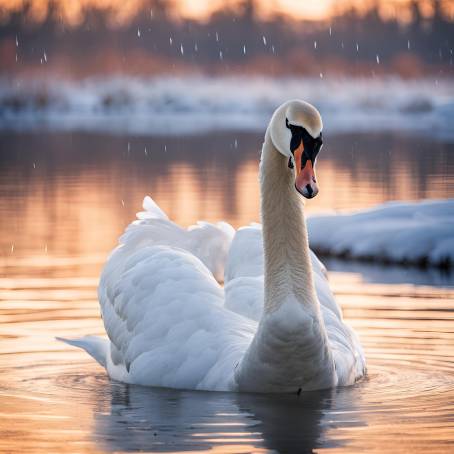 Graceful White Swan Floating Alone on Winter Lake with Snowfall at Dawn