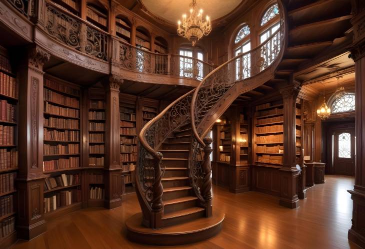 Grand Old World Library with Antique Books, Ornate Shelves, and Spiral Staircase