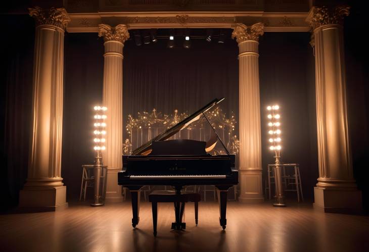 Grand Stage with Backstage, Decorative Columns, and an Illuminated Old Grand Piano