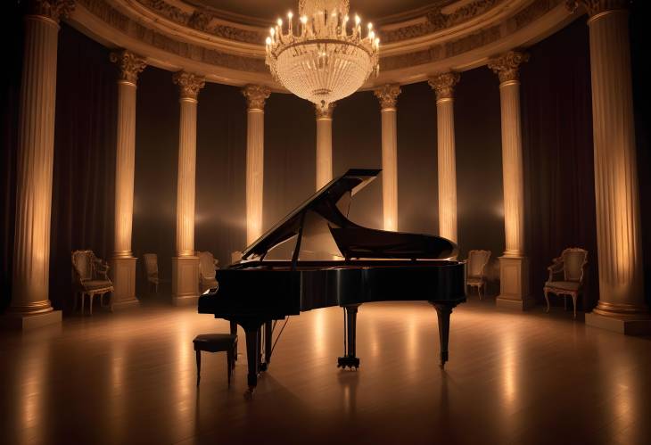 Grand Stage with Old Piano, Decorative Columns, and Backstage Illuminated by Stage Lights