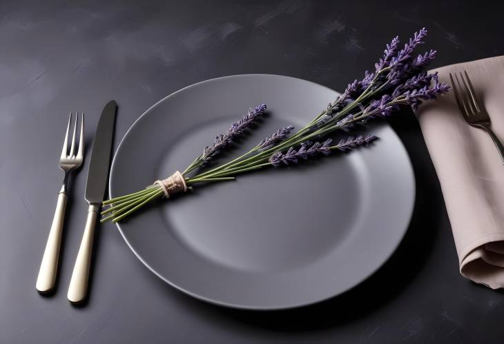 Gray ceramic plate with lavender and napkin on dark minimalistic background