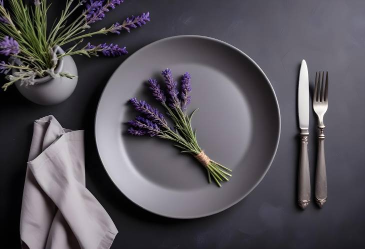 Gray plate and silverware with lavender on dark minimalistic table setting