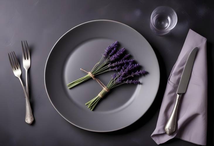 Gray plate with lavender and napkin on dark minimalistic background