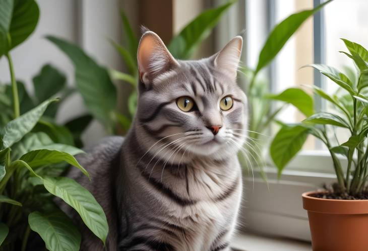 Gray Striped Cat by Window Surrounded with Houseplants  Close Up