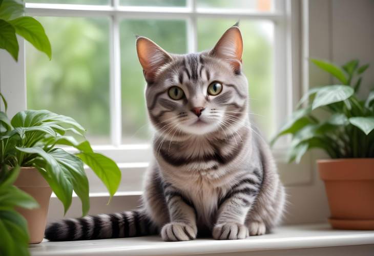 Gray Striped Cat by Window with Lush Houseplants  Close Up Photo