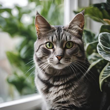 Gray Striped Cat Close Up Window Sill with Houseplants and Feline Charm