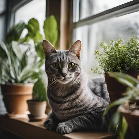 Gray Striped Cat on Window Sill Close Up with Lush Houseplants Around