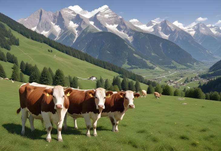 Grazing Cows in the Alps Scenic Mountain Meadow and Hiking Trails