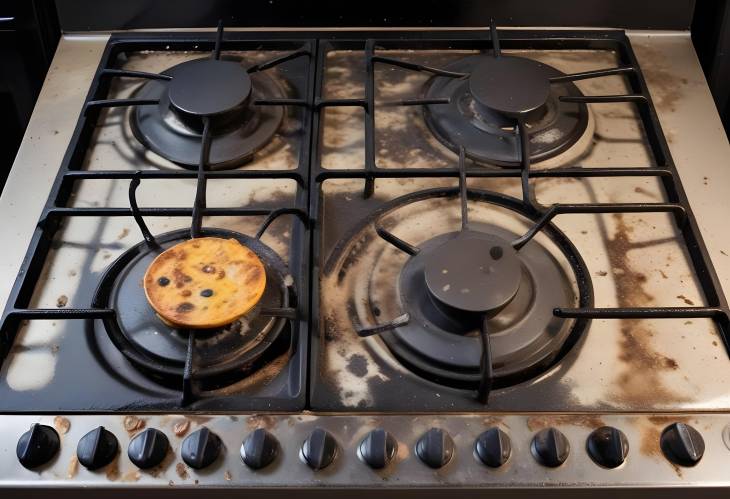 Greasy Gas Stove with Food Leftovers Dirty Cooktop with Old Oil and Fat Stains