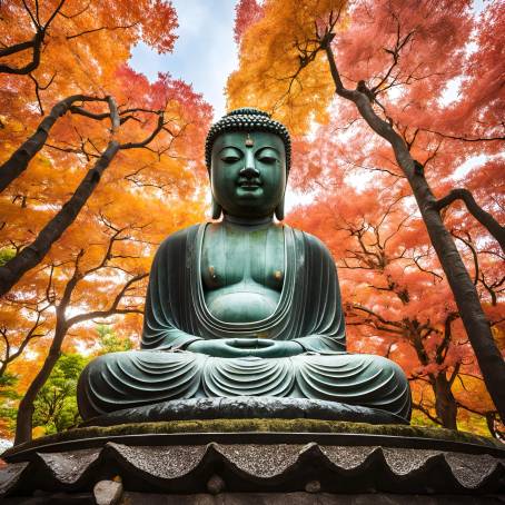 Great Buddha Daibutsu in Autumn Ancient Bronze Statue at Kotoku in Temple, Japan