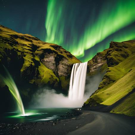 Green Aurora Borealis Over Skogafoss Waterfall A Nighttime Icelandic Landscape