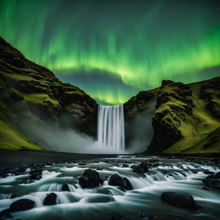 Green Aurora Borealis Over Waterfall Nighttime Beauty of Skogafoss, Iceland