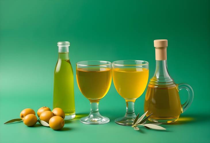 Green Background with Different Glassware of Fresh Olive Oil, Culinary Display