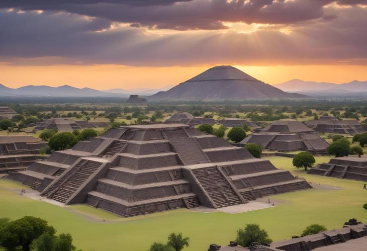 Green Landscape and Sunset at Teotihuacan Pyramid of the Moon Highlights