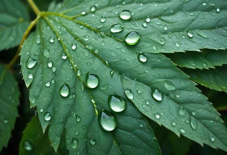 Green Leaf with Dew Drops CloseUp Nature Shot