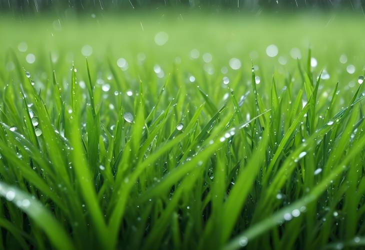 Green Meadow and Lawn Wet Grass with Rain Drops and Water Surface Background