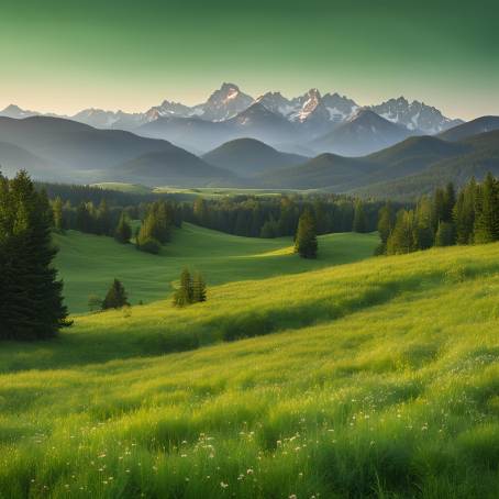 Green Meadow with Distant Mountains  Majestic Natures Landscape