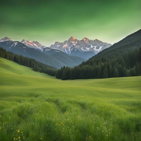 Green Meadow with Majestic Mountains in the Distance  Scenic Outdoor Views