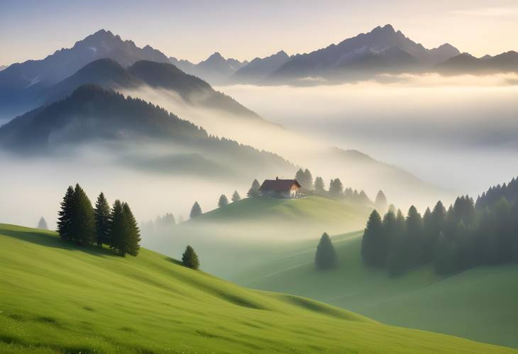 Green Meadows and Mountain Fog Grubigstein Peak and Lermoos in Tyrol