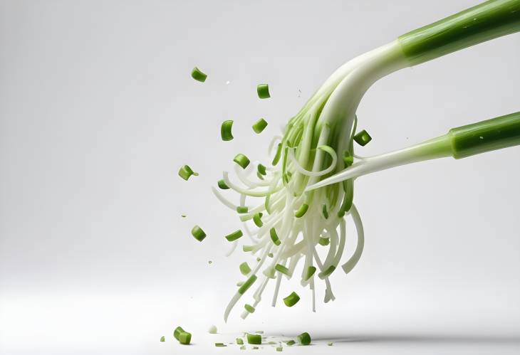 Green Onion Falling from Above on White Background, Freshly Cut for Cooking