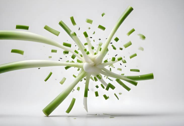 Green Onion Falling on White Background, Fresh and Chopped for Cooking