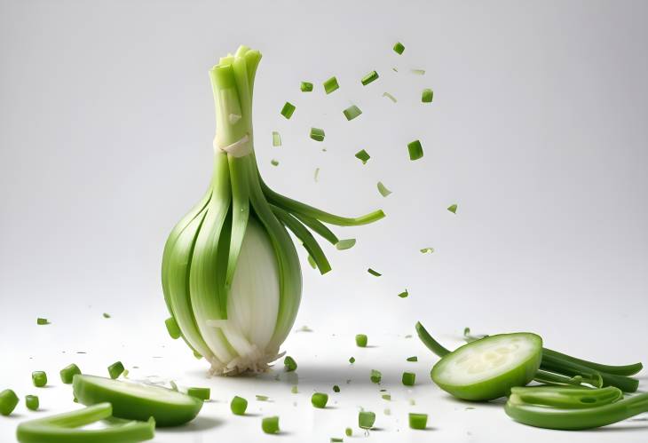 Green Onion Slices Falling on White Background, Fresh Ingredient for Cooking