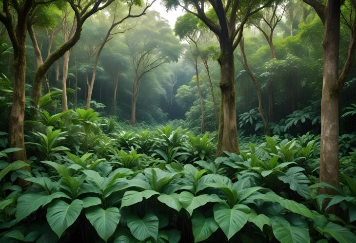 Green Tropical Forest with Shady Trees and Lush Vibrant Foliage