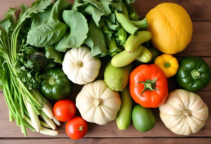 Green Vegetables and Fruits Displayed on Wooden Surface A Healthful Feast