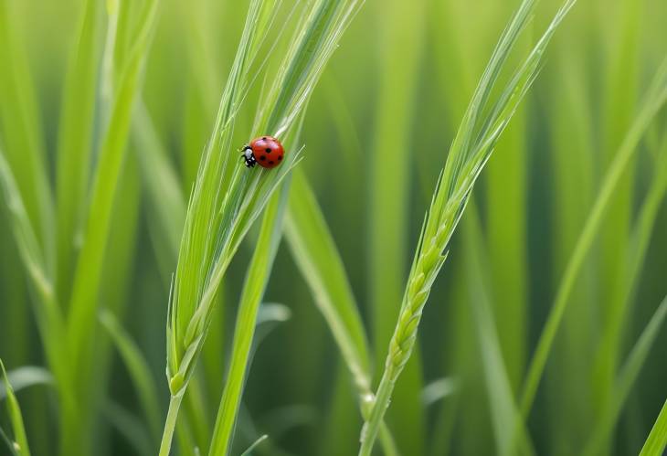 Green Wheat Ears with Ladybug, Macro in Spring Field