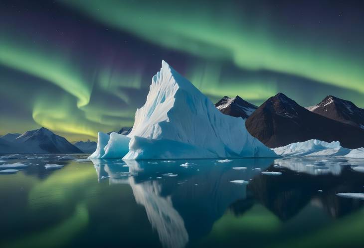 Greenland Fjord with Aurora Borealis Stunning Iceberg and Northern Lights Over Arctic Ice