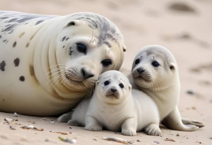 Grey Seals and Kitten on Helgoland Beach Mother and Baby on SchleswigHolstein Shore, Germany