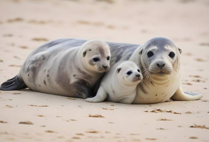 Grey Seals and Kitten Together on Helgoland Beach Mother and Baby in SchleswigHolstein, Germany