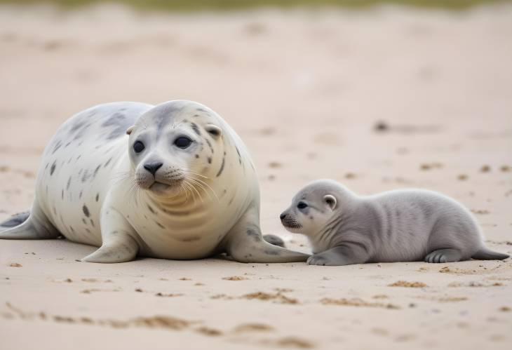 Grey Seals with Kitten Mother and Baby on Helgoland Beach in Schleswig Holstein, Germany