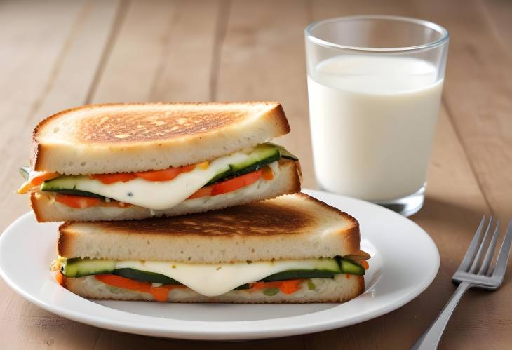 Grilled Cheese and Veggie Sandwich Paired with a Glass of Fresh Milk