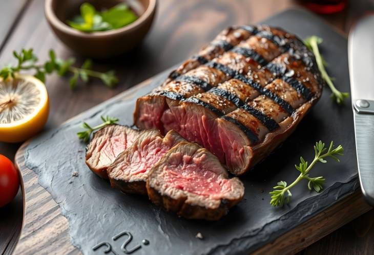 Grilled Medium Rare Striploin Steak on Slate Board  Sliced with Copy Space